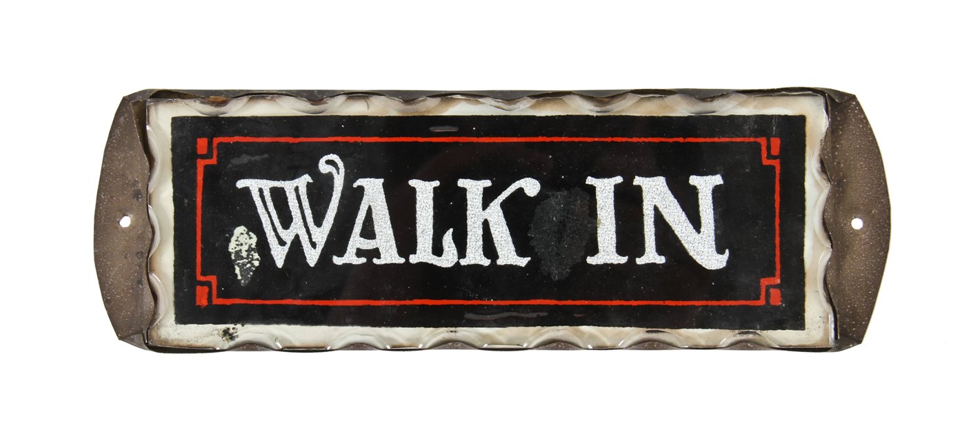 late 1920's american art deco style scalloped edge plate glass storefront "walk in" hanging door sign with silver metallic lettering