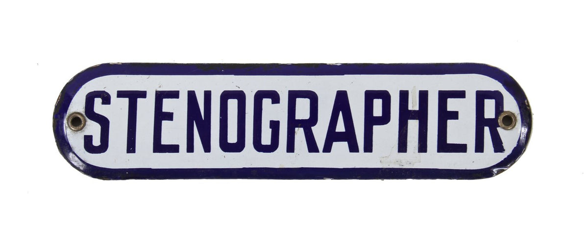 early 20th century antique american single-sided elongated oval-shaped factory office door "stenographer" porcelain enameled iron sign