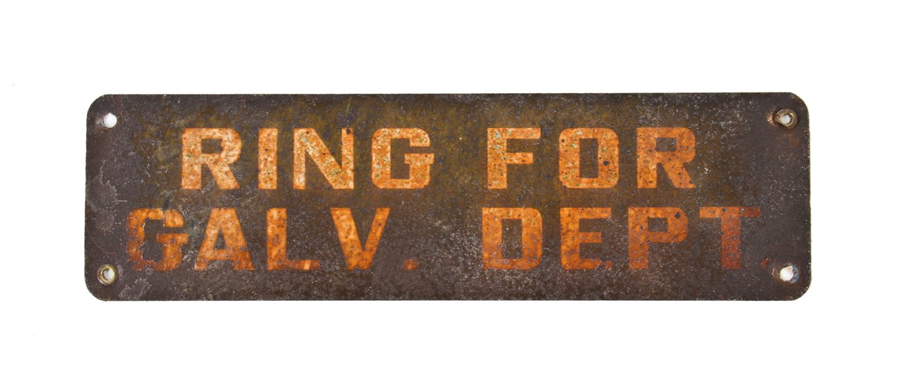 c. 1930's american vintage industrial timeworn "ring for galv. department" instructional factory sign with nicely weathered lettering