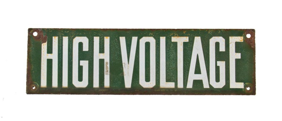 original nicely weathered single-sided american industrial "high voltage" green porcelain enameled chicago power substation sign