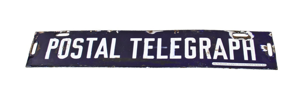 hard to find early 20th century cobalt blue porcelain enameled rolled iron "postal telegraph" double-sided hanging office building sign