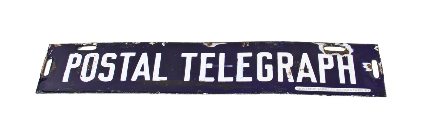 hard to find early 20th century cobalt blue porcelain enameled rolled iron "postal telegraph" double-sided hanging office building sign