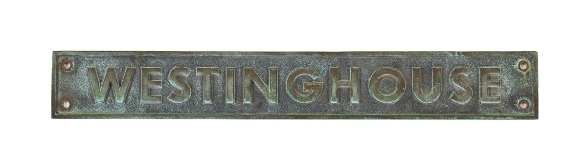 original and remarkably intact c. 1930's american salvaged vintage industrial single-sided cast bronze "westinghouse" elevator sign plaque with nicely aged surface patina