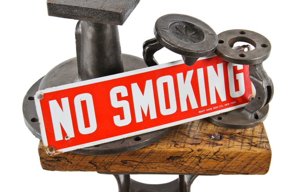 late 1930's vintage american industrial chicago area factory "no smoking" die cut steel cherry red porcelain enameled cautionary sign