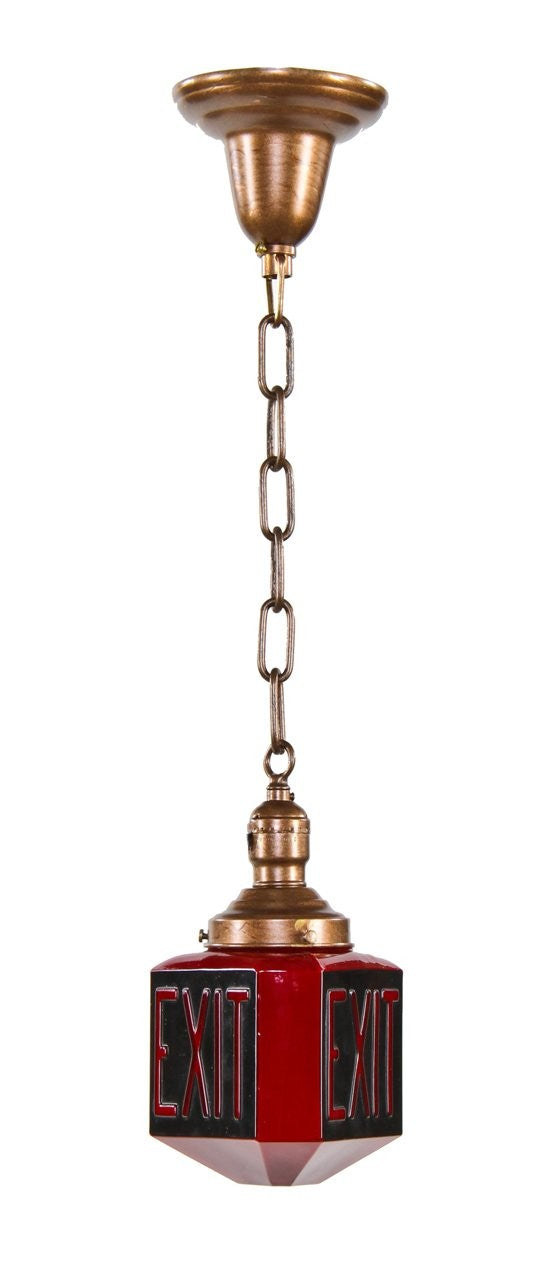 hard to find and highly sought after multi-faceted american art deco ruby red illuminated commercial building or theater lobby exit light fixture