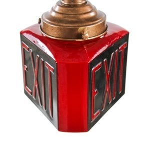 original and completely intact c. 1920's antique american three-sided richly colored ruby red and black embossed theater exit globe with fitter and canopy