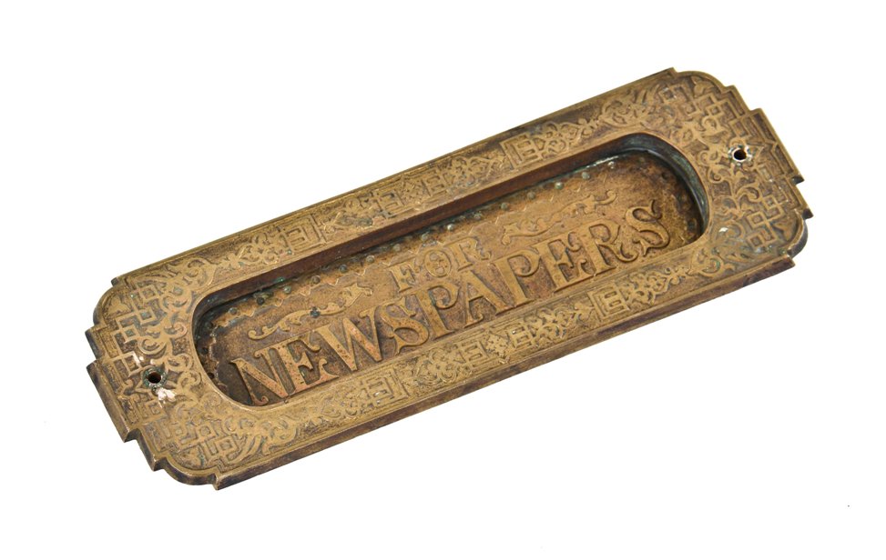 rare 19th century antique american oversized ornamental cast bronze commercial building "for newspapers" flush mount mail slot