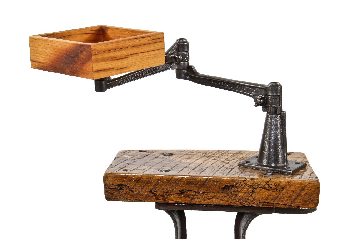 repurposed early 20th century american industrial fully adjustable "white" double-arm cast iron bracket with newly added cedar wood "change" tray