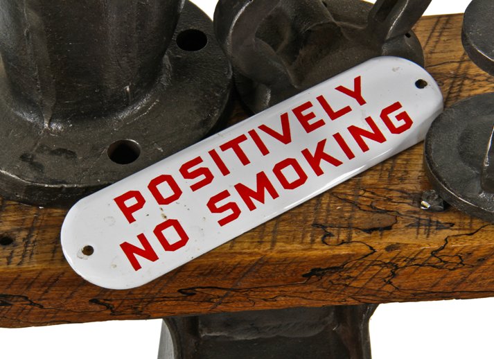 c. 1920's american vintage industrial "positively no smoking" white and red porcelain enameled die cut steel factory instructional sign