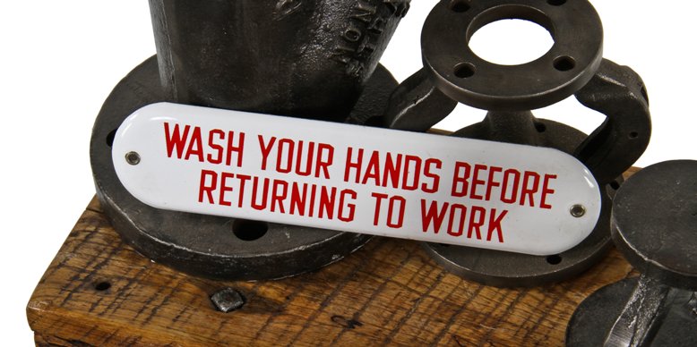 original c. 1920's factory or office lavatory door or wall-mount "wash your hands" porcelain enameled "new old stock" sanitary sign or plaque