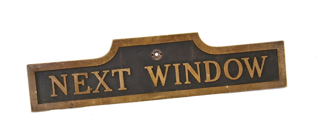 original late 1920's american interior self-standing cast bronze metal noel bank teller cage "next window" sign with black enameled inlay