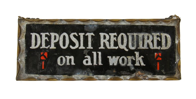 c. 1920's original flush mount or hanging american vintage scalloped edge "deposits required" reverse-painted office door sign