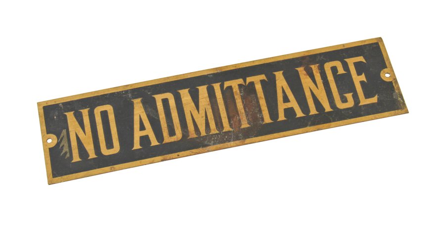 original c. 1930's vintage american single-sided flush mount stamped brass chicago public school "no admittance" boiler room door sign