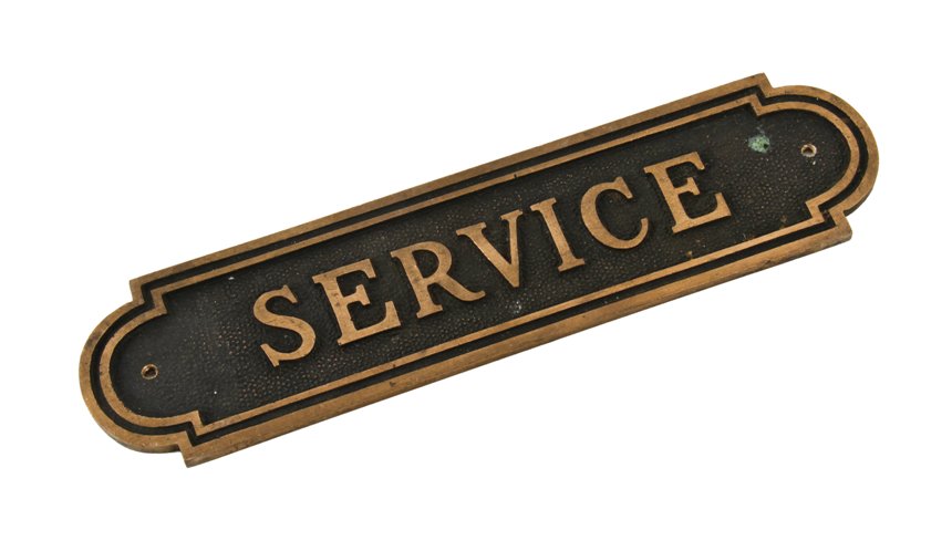 single-sided late 1920's vintage american mission style wall-mount cast bronze noel bank building "service" sign or plaque with black inlay