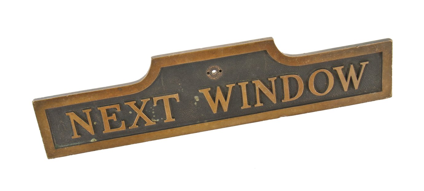 late 1920's diminutive american cast bronze self-standing noel bank building teller cage "next window" plaque with nicely aged patina