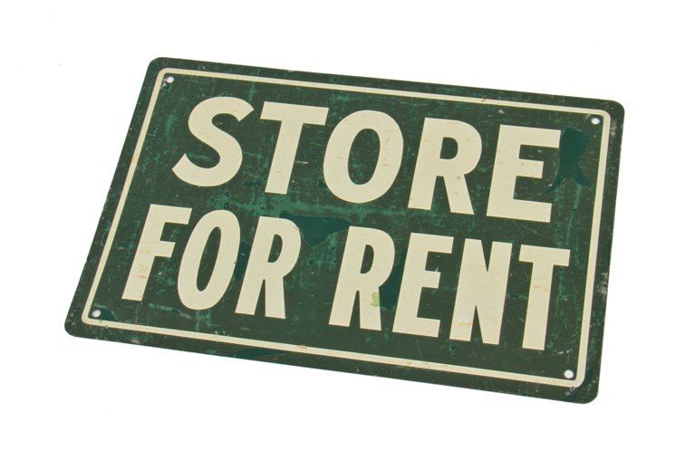 original single-sided c. 1930's american depression era die cut steel green enameled "store for rent" sign with bold white lettering