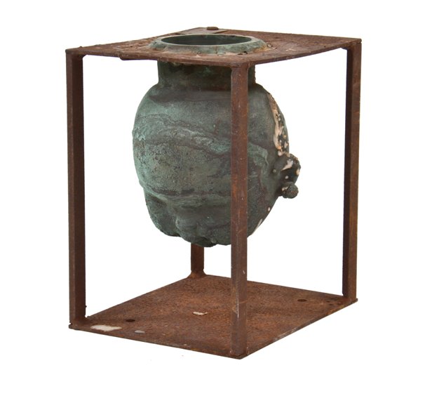 original c. 1966 deluxe reading toy factory oxidized copper production doll head mold firmly attached to welded joint steel frame
