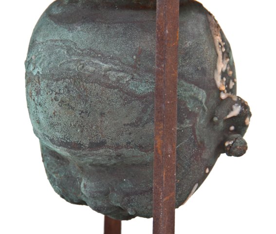 original c. 1966 deluxe reading toy factory oxidized copper production doll head mold firmly attached to welded joint steel frame