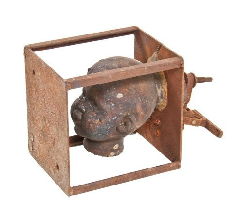visually distinctive c. 1960's refinished american vintage industrial toy factory copper doll head mold with reconfigured welded joint steel moutning bracket