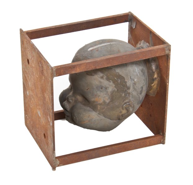 heavily coated vintage industrial american toy factory copper doll head "production" mold with all-welded joint steel mounting bracket
