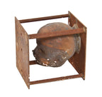 original vintage american industrial oversized hollowed copper toy factory infant doll head "production" mold affixed to bracket containing allover rust