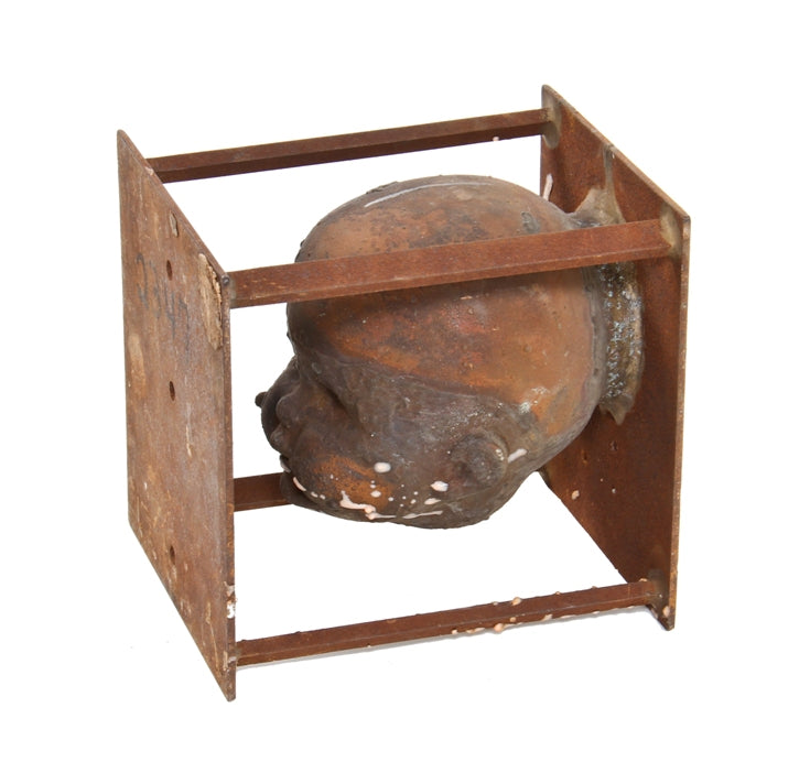original vintage american industrial oversized hollowed copper toy factory infant doll head "production" mold affixed to bracket containing allover rust