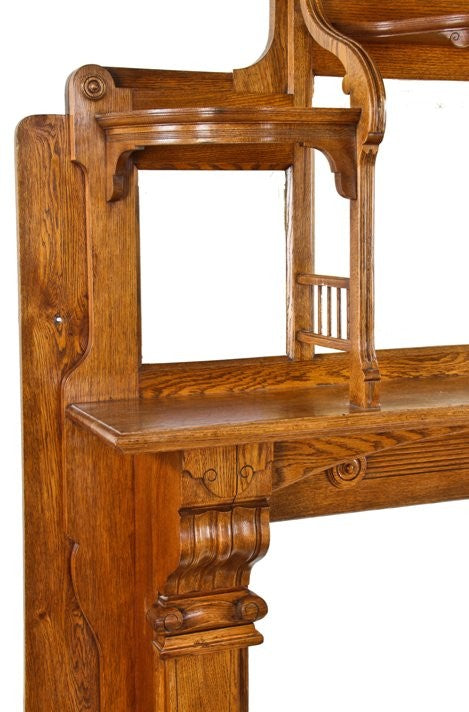 fully restored 19th century antique american victorian era varnished white oak wood interior residential full fireplace mantel with intact beveled edge mirrors
