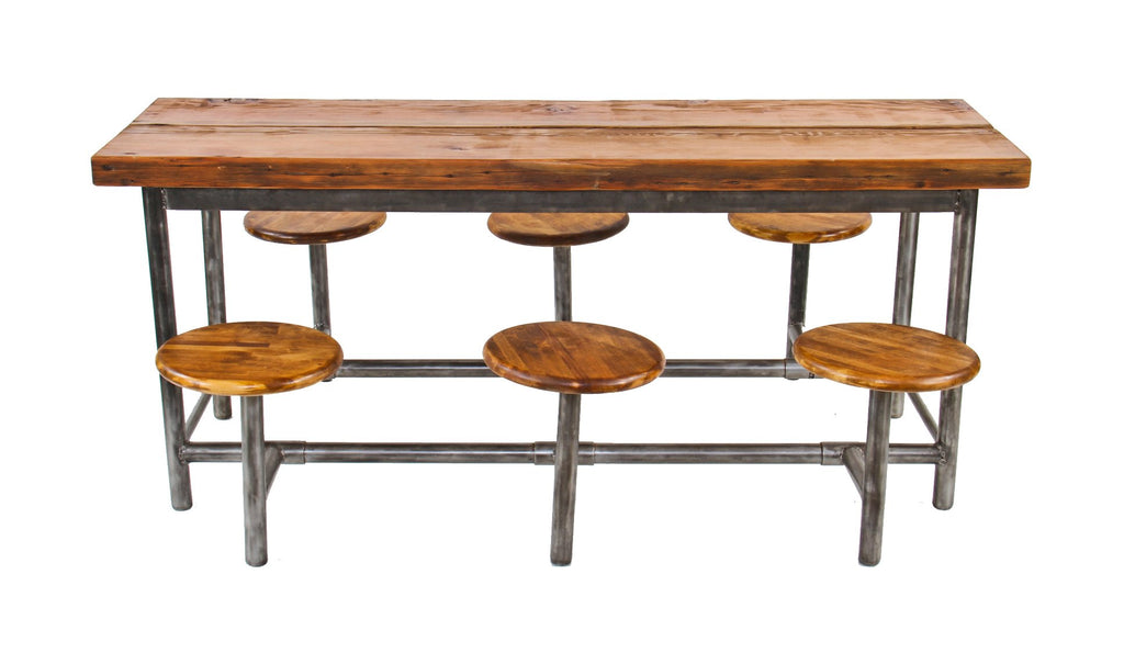 highly distinctive c. 1930's american vintage industrial factory lunch hall drop-down six seat tubular steel table with a refinished douglas fir wood top