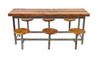highly distinctive c. 1930's american vintage industrial factory lunch hall drop-down six seat tubular steel table with a refinished douglas fir wood top