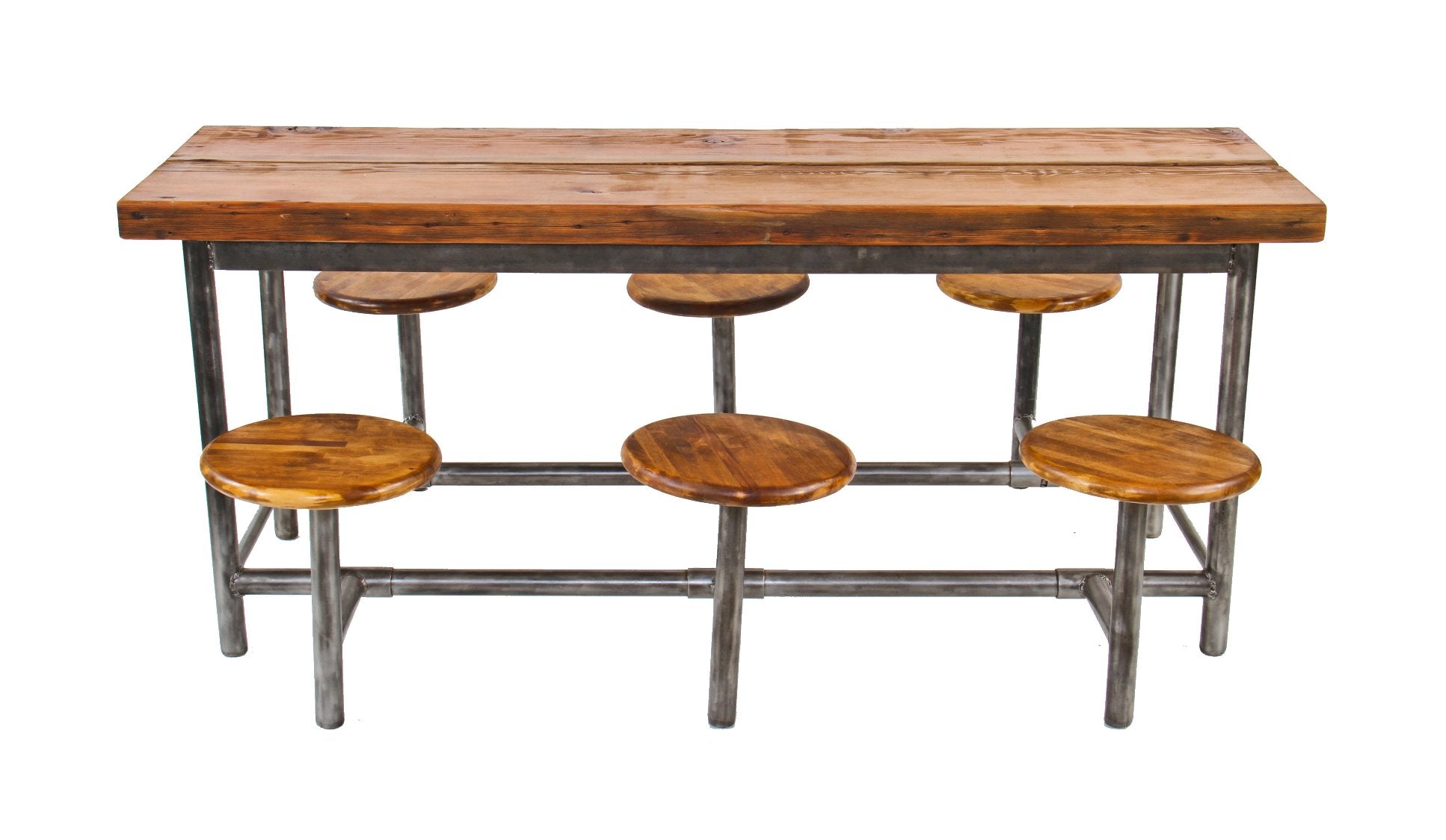 highly distinctive c. 1930's american vintage industrial factory lunch hall drop-down six seat tubular steel table with a refinished douglas fir wood top