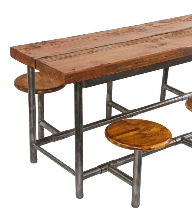 very clean and compact stationary depression-era american industrial factory lunchroom table with drop-down tubular steel seat brackets