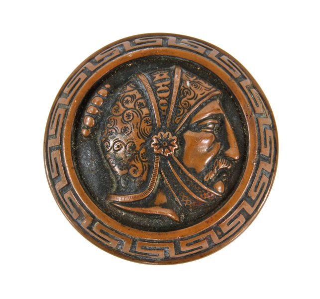 19th century highly collectible antique american ornamental cast bronze "greek head" doorknob with greek key border and footed shank