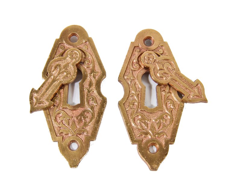original late 1870's american antique ornamental cast bronze interior residential passage door keyplates with swinging covers