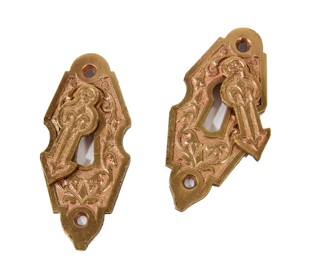 pair of original antique american 19th century oversized ornamental cast bronze passage door keyplate escutcheons with swinging keyhole covers
