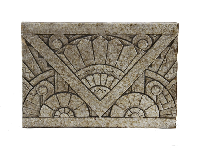 original early 1930's american art deco style exterior speckeled glaze nortown theater building facade frieze panel with chevron and floral motifs