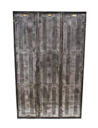 amply ventilated c. 1911 original and hard to find heavy gauge steel three-unit freestanding factory locker with fully functional cast iron handles