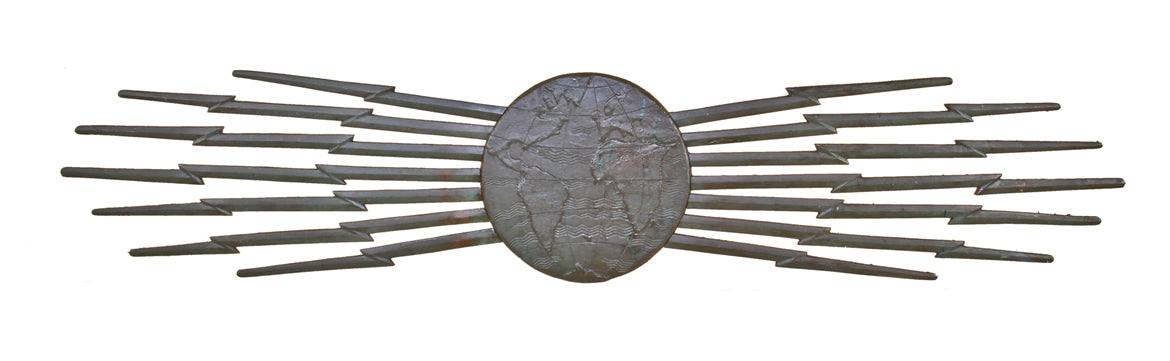 very rare c. 1920's american art deco cast bronze western telegraph company building exterior facade ornament featuring a globe flanked by lightning bolts