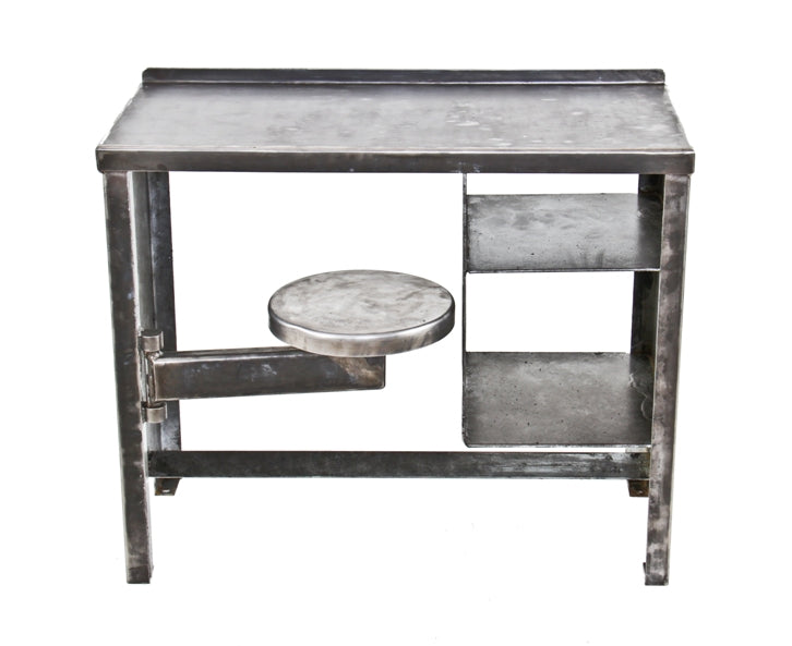 incredibly durable vintage american industrial heavy gauge steel baltimore prison cell desk with compartmentalized module and swing-out seat