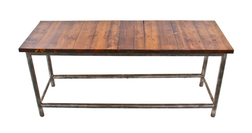 original vintage american c. 1940's industrial refinished heavy gauge tubular steel four-legged stationary table with newly added varnished pine wood top