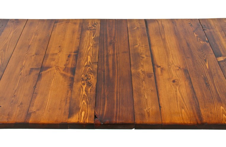 original vintage american c. 1940's industrial refinished heavy gauge tubular steel four-legged stationary table with newly added varnished pine wood top