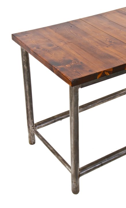original vintage american c. 1940's industrial refinished heavy gauge tubular steel four-legged stationary table with newly added varnished pine wood top