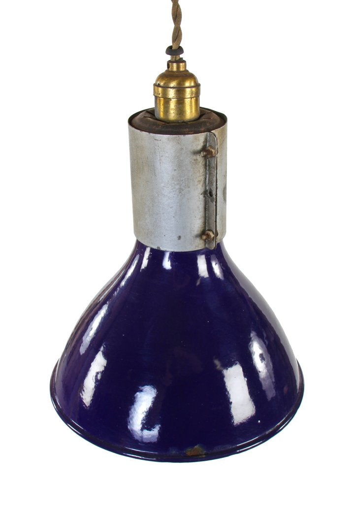 intact c. 1919 original american industrial desirable cobalt blue porcelain enameled "maxolite" cold-rolled steel pendant light