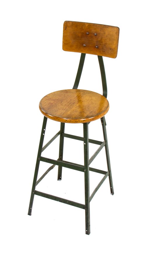 all original late 1940's american vintage industrial angled iron and varnished maple wood stationary factory stool with "pollard green" paint finish