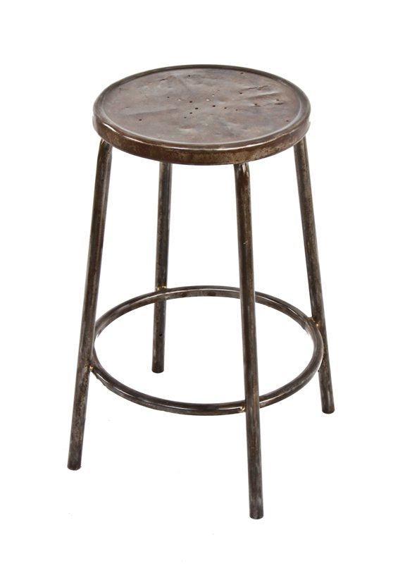 late 1940's vintage american industrial low-lying heavy gauge tubular steel factory assembly line stool with welded joint heel ring and perforated seat