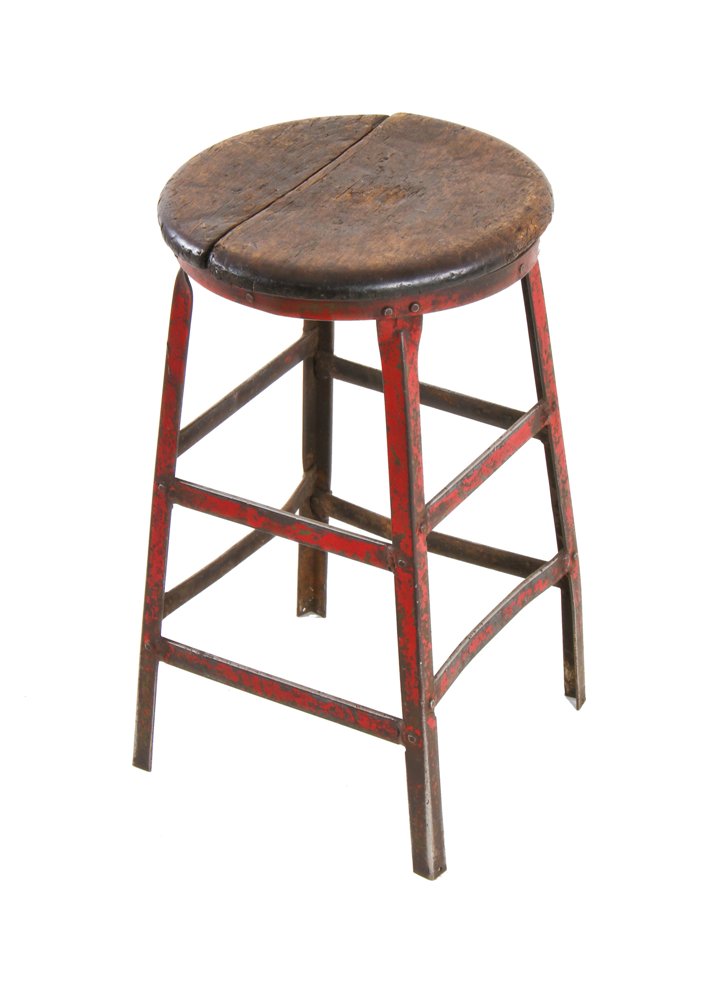 early vintage american industrial riveted joint angled steel factory machinist's stool with nicely weathered and worn old red paint finish
