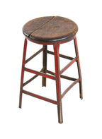 early vintage american industrial riveted joint angled steel factory machinist's stool with nicely weathered and worn old red paint finish