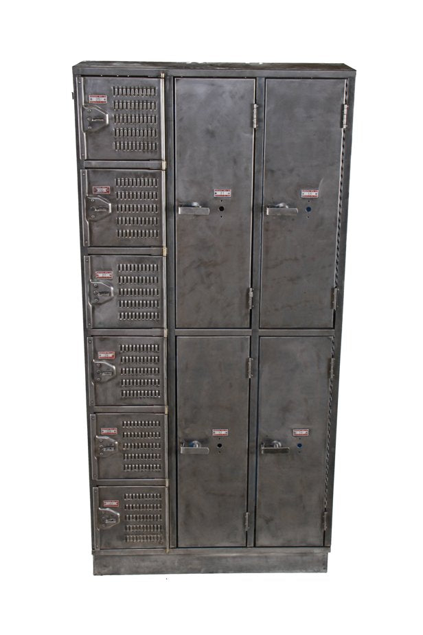 completely intact vintage american industrial freestanding heavy gauge angled iron wardrobe locker with mixed tier combination