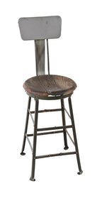 modified vintage american industrial four-legged riveted joint steel factory machinist stool with gunship gray enameled backrest