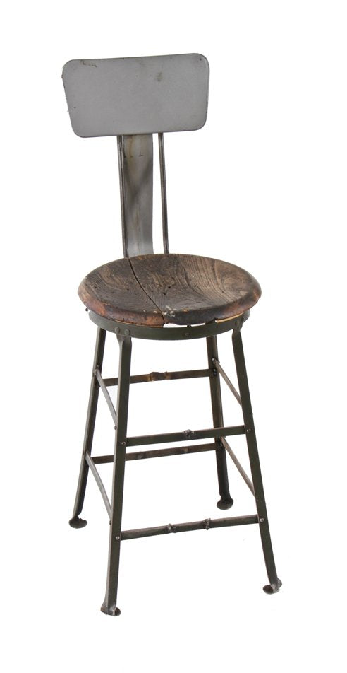 modified vintage american industrial four-legged riveted joint steel factory machinist stool with gunship gray enameled backrest