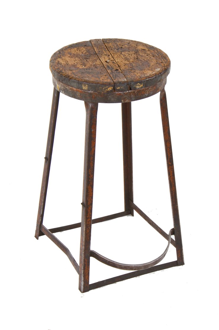 original c. 1920's timeworn american industrial "otsteel" low-lying stationary factory machinist's stool with protruding footrest